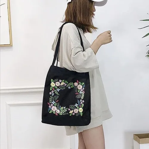 Miniatura 6 de Kit de bolsas bordadas estampadas para bricolaje, diseño de flores de pensamiento, con aros de patrón, hilos de costura, arte de costura, bolsa