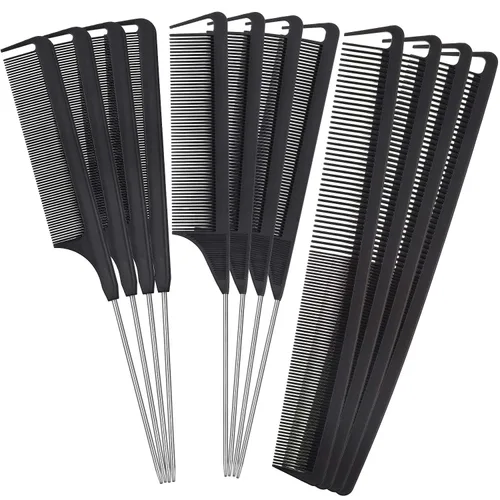 Patelai Juego de 12 peines de cola de rata, peine de separación para trenzar peines de dientes finos con cola de acero resistente al calor, Negro