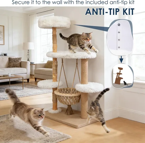Miniatura 7 de Árbol de madera maciza para gatos de interior, torre moderna de varios niveles para gatos de 54 pulgadas con cesta colgante, postes rascadores