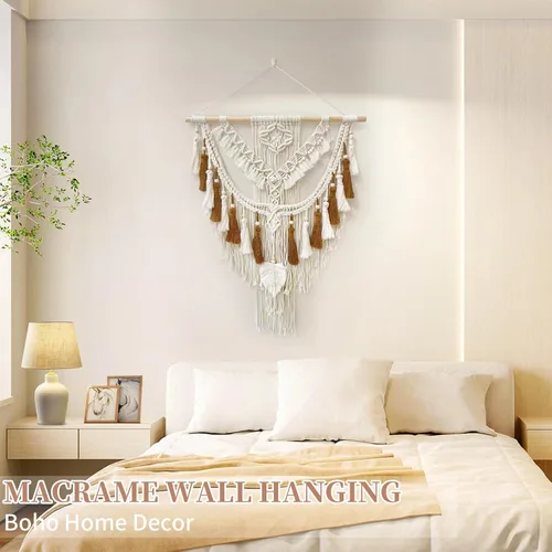 Miniatura 5 de lokeisna Macramé para colgar en la pared, tapiz tejido beige y rosa polvoriento, hecho a mano, decoración de pared de macramé, galería y guardería