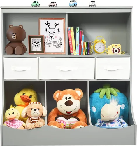 Miniatura 9 de HONEY JOY Organizador de almacenamiento de juguetes para niños con estantería, armario de almacenamiento de organización de 8 compartimentos con Gris