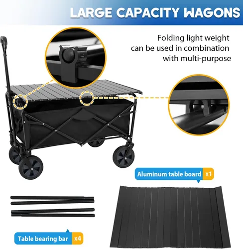 Miniatura 4 de PayLessHere Carrito de jardín plegable plegable con tabla de mesa plegable, ruedas universales para camping, picnic, eventos al aire libre