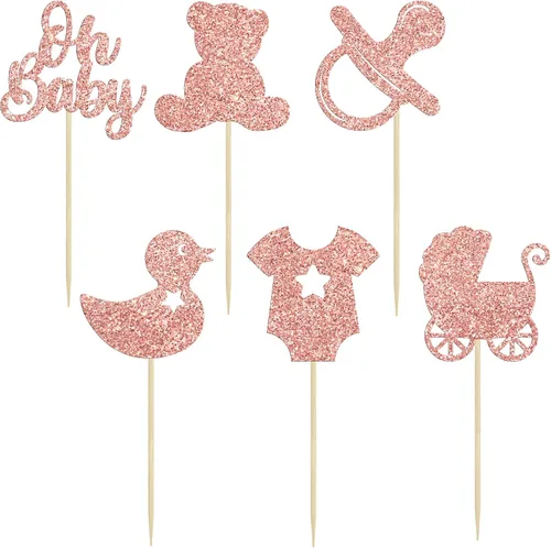 Miniatura 3 de Gyufise 36 piezas Adornos para cupcakes de baby shower con purpurina, chupete, carrito de bebé, oso, Oh Baby, púas para cupcakes para revelación