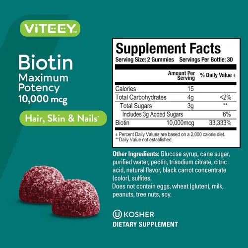Miniatura 4 de Viteey Gomitas de biotina - 10,000 mcg - 60 unidades Gomitas de biotina para el crecimiento del cabello para la piel y las uñas, veganas, sin