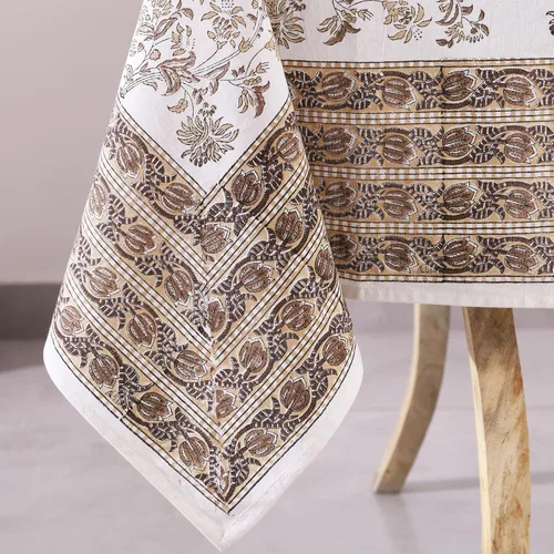 Miniatura 4 de Labhanshi Mantel rectangular de 6 plazas de algodón prelavado con estampado indio a mano, 60 x 90 pulgadas, diseño floral de algodón prelavado