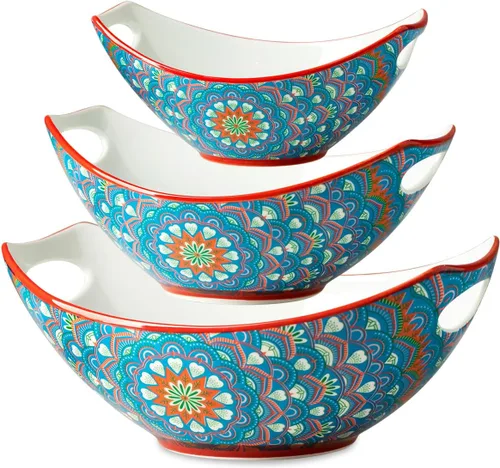 LAUCHUH Tazones para servir con asas, platos de porcelana bohemia para entretener coloridos cuencos anidables para ensalada para cocina, fiesta del