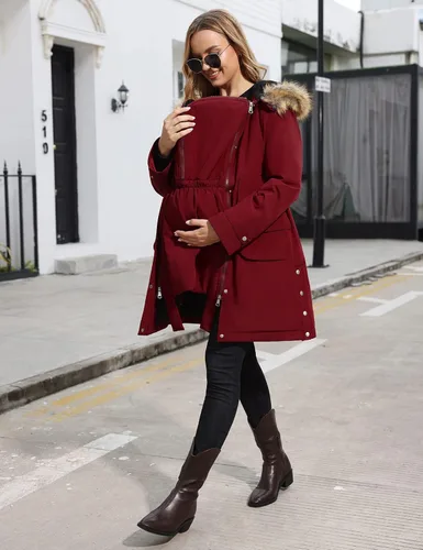 Miniatura 4 de Maacie Chaqueta de maternidad con forro polar grueso 2 en 1 con cinturón y capucha cálida para invierno