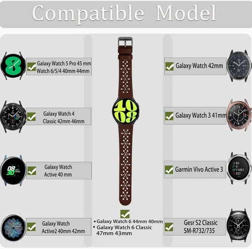 Miniatura 2 de Correas de cuero de 0.787 pulgadas para Samsung Galaxy Watch 6/5/4 1.575 in 1.732 in/Watch 5 Pro 1.772 in/Watch 4 Classic 1.654 in 1.811 in