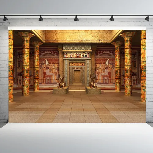 Miniatura 8 de AOFOTO Telón de fondo hipóstico del templo egipcio de 5 x 3 pies, diseño de arqueología, palacio dorado del Egipto con mural de pared jeroglífico