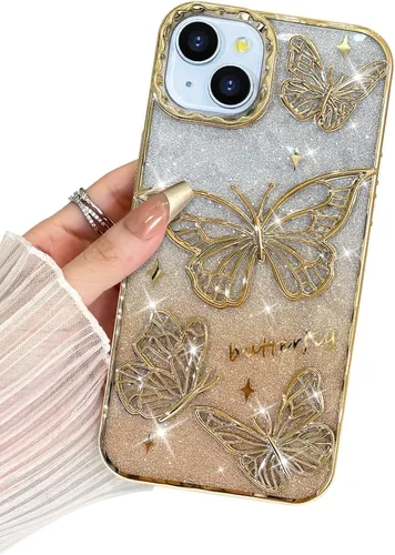 Miniatura 31 de BITOBE Diseñada para iPhone 15 Pro Max, bonita funda de mariposa 3D chapada en purpurina delgada para mujeres y niñas, protección de cámara, Negro