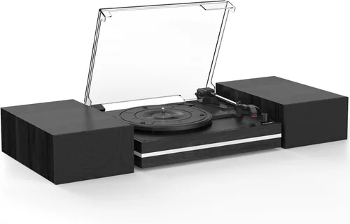 Miniatura 10 de Tocadiscos para vinilos con altavoces externos, transmisión por correa, tocadiscos retro para discos de vinilo, altavoces estéreo duales, Madera