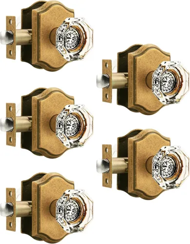 Miniatura 34 de Gobrico Paquete de 5 pomos de puerta de cristal de paso en latón antiguo para pasillo, armario, lavandería, forma octágono transparente, sin llave