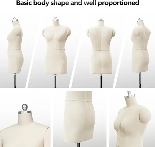 Miniatura 5 de Bonnlo Maniquí de costura femenino, talla 18, forma de vestido para exhibición y diseño de sastre, torso ajustable en altura con base de metal