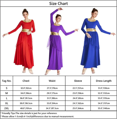 Miniatura 7 de MYRISAM Mujeres Alabanza Bata de Baile Culto Litúrgico Cintura Metálico Vestido de Manga Larga Falda de Gasa Traje Lírico