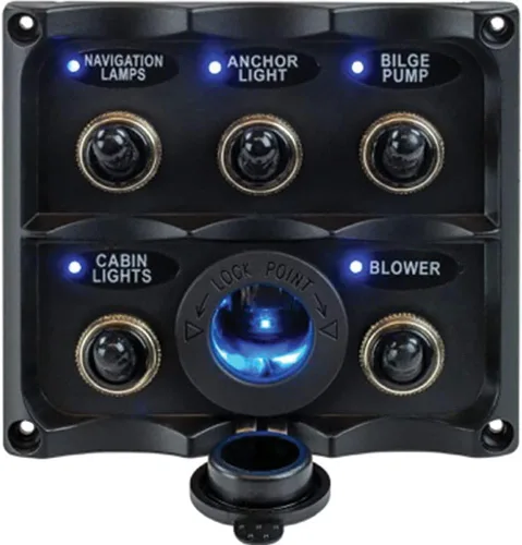 Sea-Dog Panel de interruptor de palanca resistente al agua con toma de corriente LED - 5 palancas