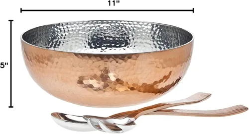 Miniatura 6 de Ensaladera martillada con acento de cobre de 3 piezas con 2 utensilios para servir, completo con cuchara y tenedor de gran tamaño a juego, úsalo