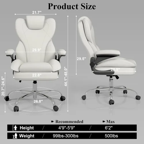 Miniatura 3 de Silla de escritorio de oficina, silla de oficina ejecutiva de cuero, silla de escritorio ergonómica de respaldo alto con brazos abatibles Blanco