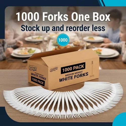 Miniatura 9 de Settings Tenedores de plástico blanco, 1000 unidades, tenedores desechables de alta resistencia, cubiertos de plástico a granel sin BPA