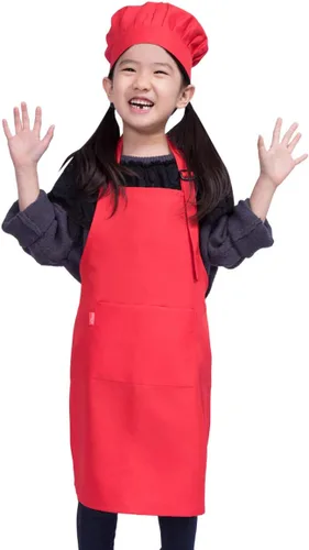 Miniatura 10 de Juego de delantal y gorro de chef para niños, delantal ajustable con babero para niños con 2 bolsillos. Lindo delantal de cocina para niños y niñas