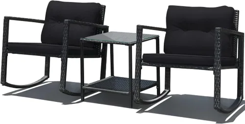 DORTALA Juego de muebles de patio de 3 piezas, mecedora de ratán y mesa de centro de cristal con cojines, juego de 3 muebles de mimbre para Negro