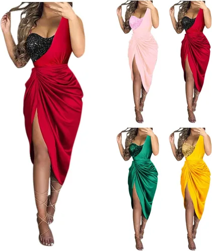 Miniatura 5 de KUIOLYPOER Vestido de invitada de boda de verano para mujer, sexy, con lentejuelas, con abertura, vestido de cóctel de un solo hombro