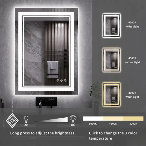 Miniatura 5 de Espejo LED, 20 x 28 pulgadas, gradiente frontal y retroiluminado LED, espejo de baño LED de 3 colores regulables CRI>90, IP54, espejo de baño