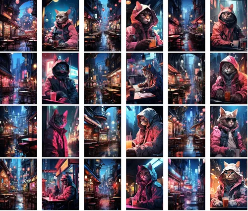 Miniatura 2 de Calcomanías grandes, 24 piezas (2.5 x 3.5 pulgadas cada uno) Cool Street Cats en colorida iluminación de neón, postales Cyberpunk, tarjetas de Ocho