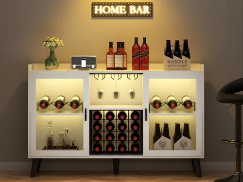 Miniatura 7 de Auromie Gabinete de bar de vinos con luz LED, gabinete de café para el hogar con estante para vino y vidrio, aparador de cocina con estantes