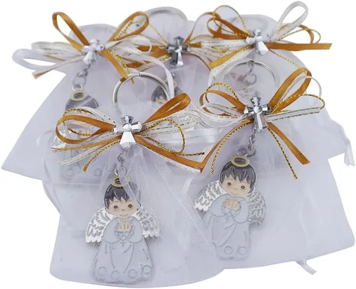 Llavero de bautismo de primera comunión (12 piezas) niño ángel con bolsas decoradas de organza/Recuerdos para Primera Comunión BAUTIZO Niño Oro