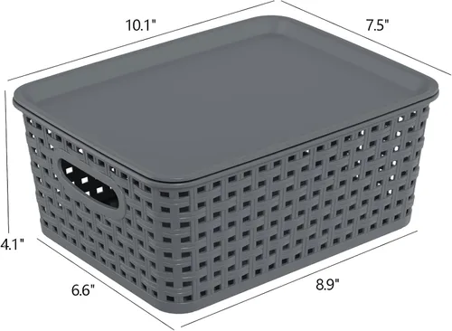 Miniatura 2 de Paquete de 6 cestas pequeñas de almacenamiento tejidas de plástico con tapa, canasta gris