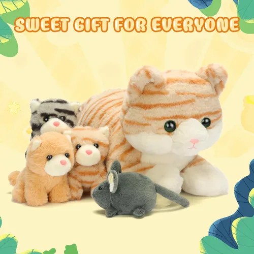 Miniatura 6 de IKASA Mamá gato atigrado naranja peluche mamá y gatitos bebé juguete de peluche lindo 16.5 pulgadas suave mamá pequeña juguete familiar con pequeños