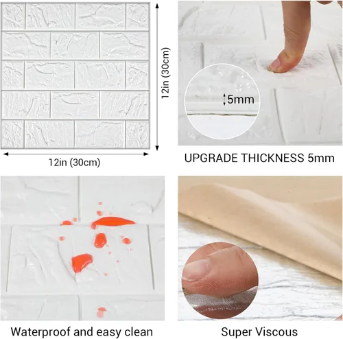 Miniatura 2 de 30 piezas de paneles de pared 3D para despegar y pegar, papel pintado de ladrillo blanco autoadhesivo impermeable, paneles de pared de ladrillo