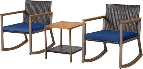 Miniatura 13 de HAPPYGRILL Juego de 3 sillas mecedoras para patio al aire libre con mesa auxiliar, muebles de mimbre de ratán, juego de conversación para jardín
