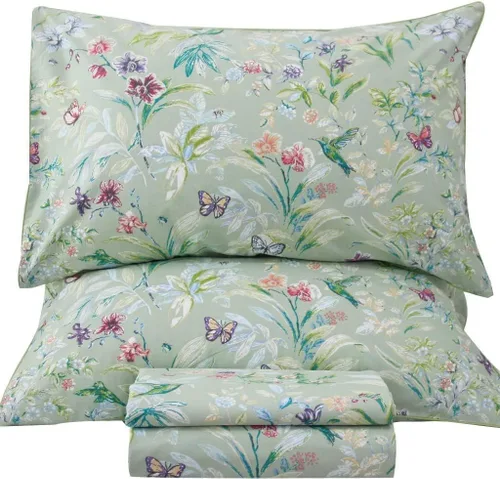 Miniatura 12 de QSH Juego de sábanas tamaño King con estampado floral - Estampado botánico de flores verdes, pájaros y mariposas, ropa de cama de algodón egipcio