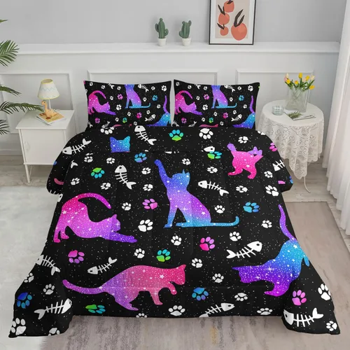 Miniatura 34 de Axolotl - Juego de ropa de cama para niños con diseño de gatos de dibujos animados tamaño individual, juego de edredón con líneas degradadas y lindo