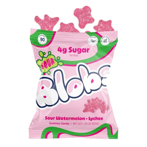 Miniatura 7 de Blobs SOUR Gummy Candy bajo en azúcar y bajo en calorías, sin alcoholes de azúcar, vegano, sin colorantes, sandía, lichi, cereza negra Ras, fresa