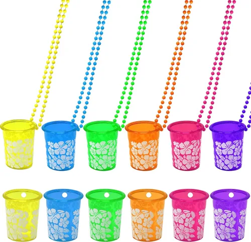 Fun Express Collares hawaianos de cristal de chupito Luau a granel, 12 unidades de hibisco hawaiano Luau, recuerdos de fiesta hawaiana, Hula Aloha