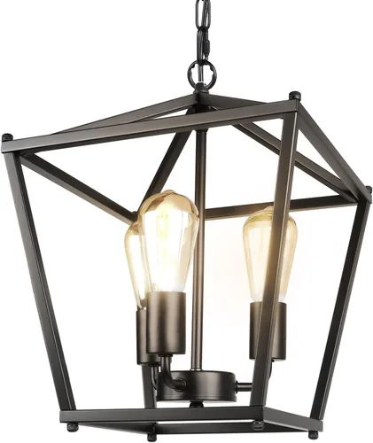 Miniatura 7 de Unicozin Candelabro de granja negro de 4 luces, lámpara colgante de linterna de hierro, jaula rústica de altura ajustable, base E26, luces colgantes