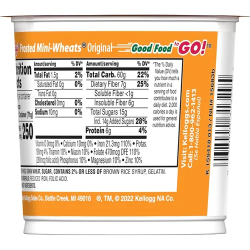 Miniatura 3 de Kellogg's Frosted Mini-Wheats Tazones de Cereal para el Desayuno, Cereal Alto en Fibra, Bocadillos para Niños, Original, Caja de 30oz (12 Tazones)