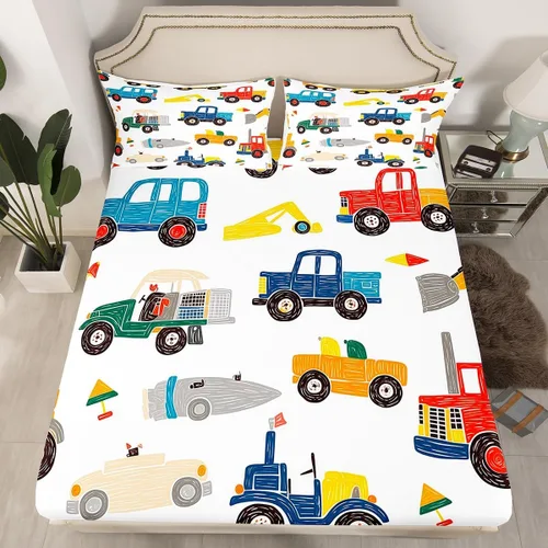 Miniatura 30 de Juego de sábanas bajeras ajustables para niños, diseño de caricaturas, camiones, tamaño individual, juegos de ropa de cama de excavadoras, camiones