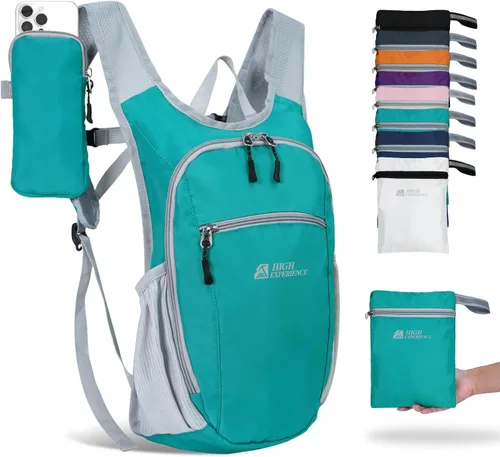 Miniatura 13 de Mochila de senderismo 10L/15L, pequeña mochila de día ligera, plegable, para viajes, resistente al agua, para mujeres y hombres (Gris, 10L)