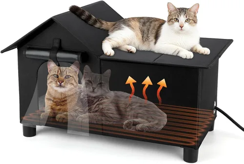 Miniatura 9 de Casa Grande con Calefacción para Gatos de Exterior, Casa Elevada para Gatos al Aire Libre Resistente a la Intemperie con Almohadilla Térmica