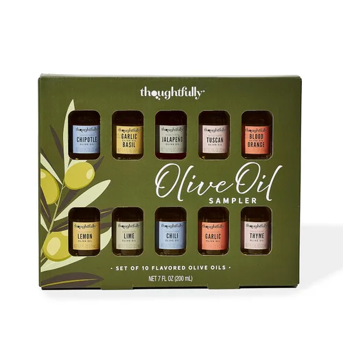 Thoughtfully Juego de muestras de aceite de oliva, 10 aceites de oliva virgen extra saborizados, paquete variado para cocinar pan, sumergir, pasta,