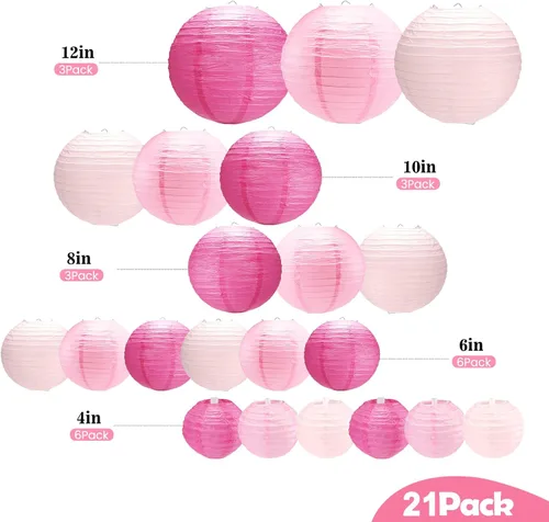 Miniatura 4 de 21 linternas de papel rosadas, 4, 6, 8, 10, 12 pulgadas, para colgar en interiores y exteriores, con cinta y cuerda para graduación, cumpleaños