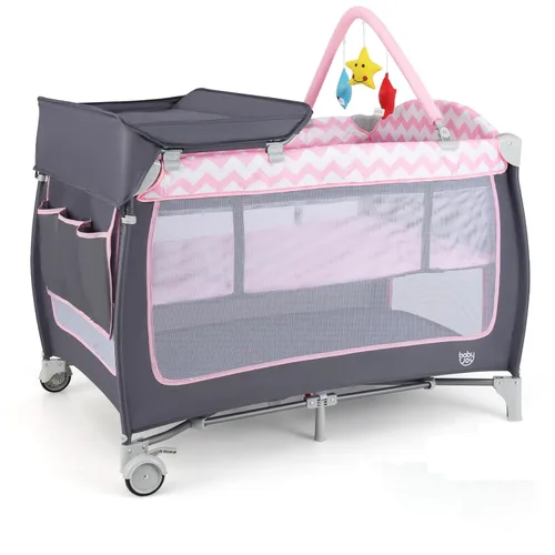 BABY JOY 4 en 1 Pack and Play, corralito de juego portátil para bebés con moisés, puerta con cremallera lateral, mesa de cambio, centro de juegos