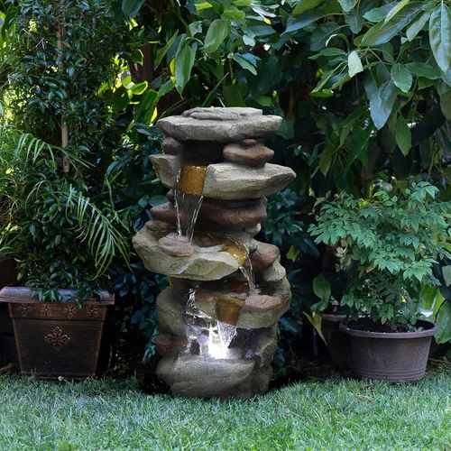 Miniatura 3 de Alpine Corporation fuente de piso de roca de 4 niveles para exterior de 31" de altura, cascada con luces LED blancas frías, gris