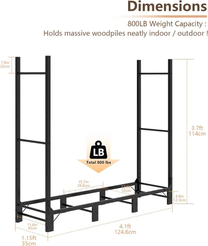Miniatura 7 de C-Hopetree Estante de leña de 4 pies para interiores y exteriores, soporte ajustable de metal para chimenea, organizador de almacenamiento de pila