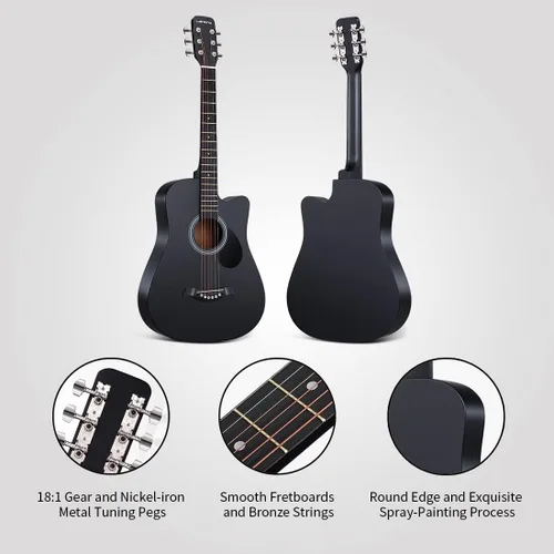 Miniatura 2 de Guitarra acústica negra de 38 pulgadas, kit para principiantes de guitarra acústica para adultos, juego de iniciación con bolsa acolchada, correa