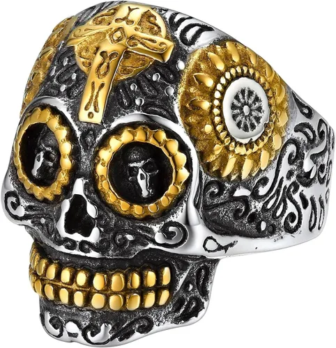 Anillos de calavera de azúcar para hombres y mujeres, acero inoxidable de dos tonos, anillo de motociclista para hombre, joyería de Halloween,