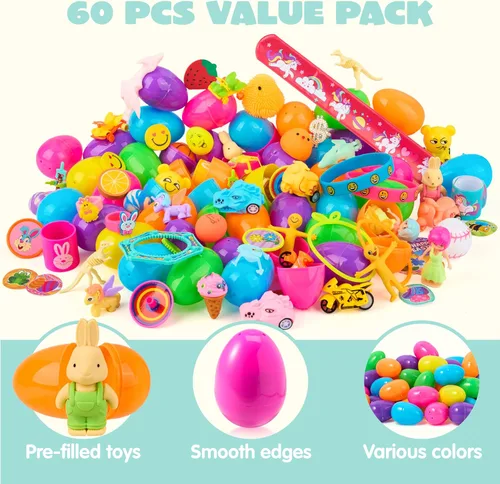 Miniatura 3 de JOYIN 60 huevos de Pascua con calcomanías de juguetes en el interior, búsqueda de huevos de Pascua precargados con juguetes surtidos para niños
